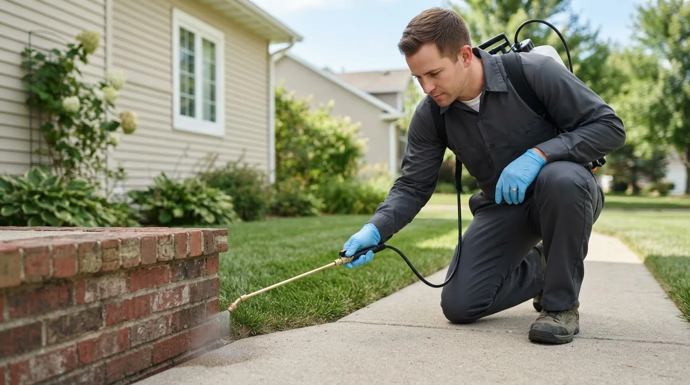 Pest control technician treating a home near Hayesville, IA