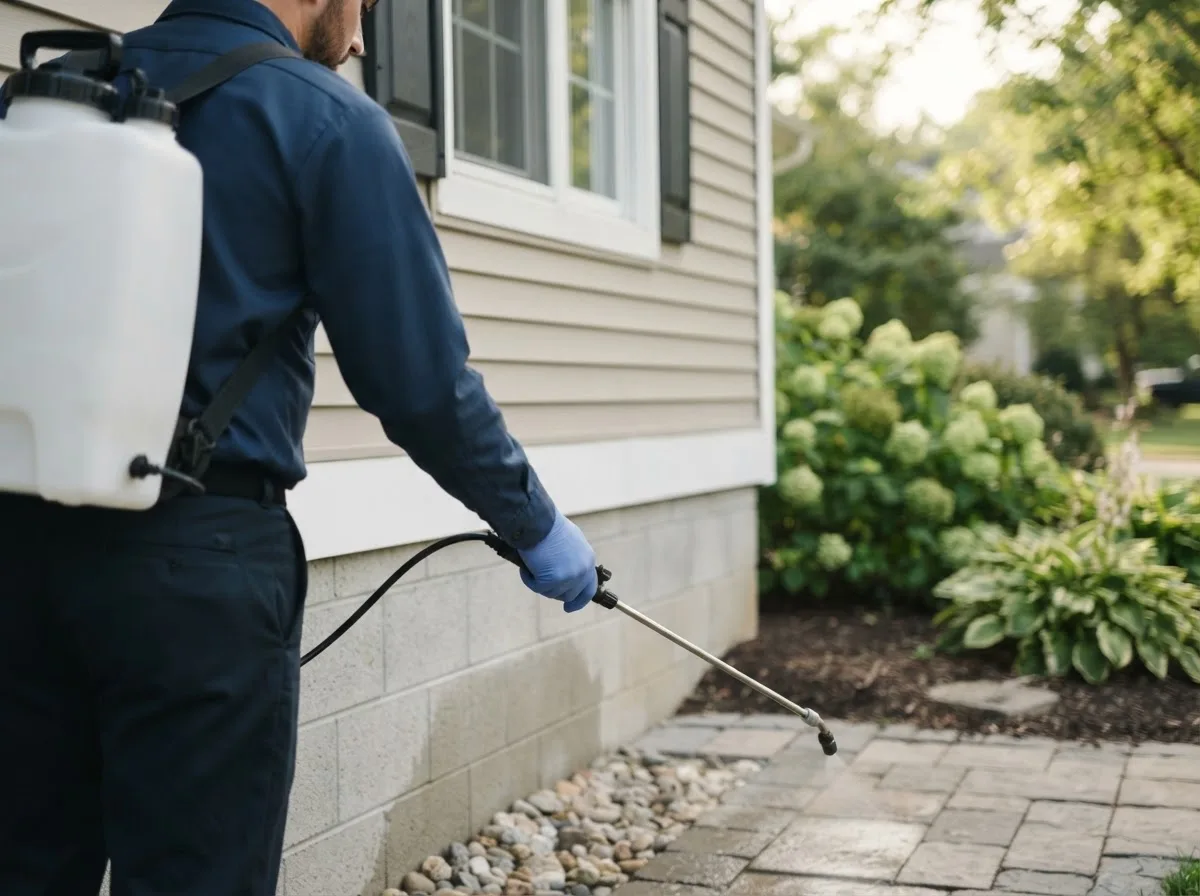 Pest control technician inspecting a home in Hayesville, IA